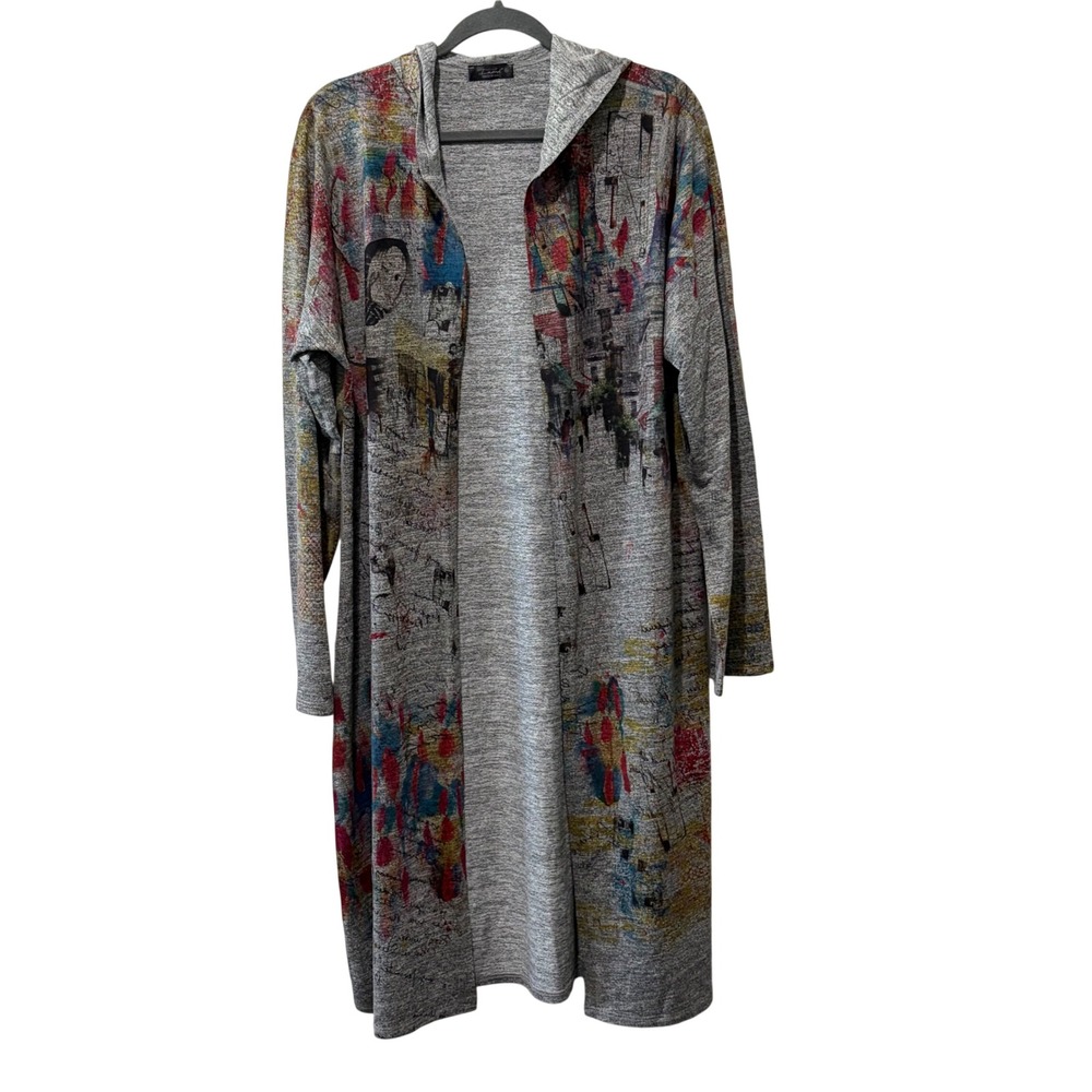 Inoah Open Front Long Line Cardigan Womens XL Grey Art Graphic Hooded Duster